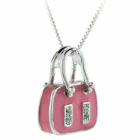 Sterling Silver Simulated Diamond cz Pink Enamel Purse Pendant