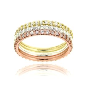 Sterling Silver Tri-Color Stackable CZ Eternity Band Ring Set