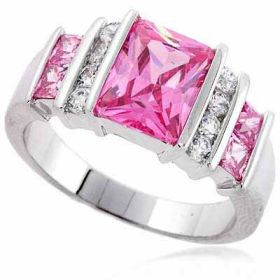 Sterling Silver Rectangle Pink & Clear CZ Ring