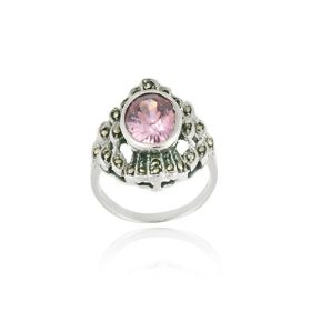 Sterling Silver Marcasite and Pink CZ Ring
