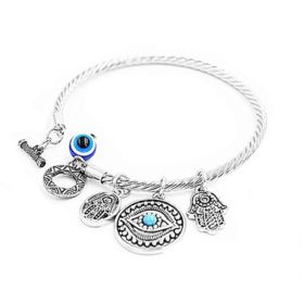 Twisted Bracelet Womens Dangling Evil Eye and Hamsa Hand Charm (Color: silver)