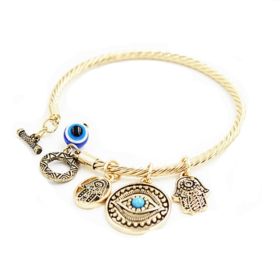Twisted Bracelet Womens Dangling Evil Eye and Hamsa Hand Charm (Color: Gold)