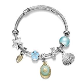 Bangle Bracelet Sea Shell Charm Wrap Silver Fashion Jewelry Stainless Steel Bracelet for Women (Color: Blue)