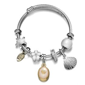 Bangle Bracelet Sea Shell Charm Wrap Silver Fashion Jewelry Stainless Steel Bracelet for Women (Color: White)