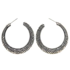 Stud Hoop Earrings Lightweight Vintage Engraved Round Dome Half Large for Women 925 Sterling Silver (Color: silver)