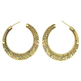 Stud Hoop Earrings Lightweight Vintage Engraved Round Dome Half Large for Women 925 Sterling Silver (Color: Gold)