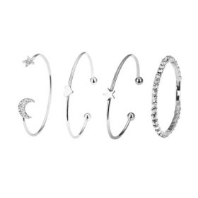 Multi-Layer 4 Pieces Bracelet Set Star Moon Charm Bracelet Bangle Jewelry Gift for Women Teens (Color: silver)