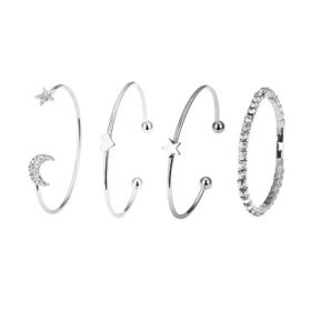 Multi-Layer 4 Pieces Bracelet Set Star Moon Charm Bracelet Bangle Jewelry Gift for Women Teens (Color: silver)