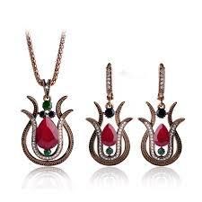 Water Drop Tulip Resin Crystal Necklace and Clip Earrings Set Turkish Vintage Gold Plated Jewelry Set (Color: Red)