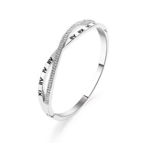 Roman Numerals Bracelet with Rhinestones Stainless Steel Bracelet Bangles for Women (Color: silver)