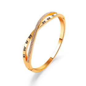 Roman Numerals Bracelet with Rhinestones Stainless Steel Bracelet Bangles for Women (Color: Gold)