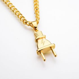 Stainless Steel Men Women Electric Plug Pendant Necklace Hip Hop Chain Necklace Punk Jewelry Accessories (Color: Gold)