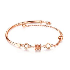 Chain Bracelet Round Charms Half Bar Rose Gold Plated with Lock Adjustable for Women (Color: rosegold)