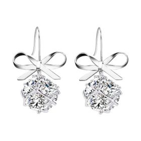 Womens Bow with Zircon Square Flash Diamond Ball Hook Earrings Fashion Earrings (Color: silver)