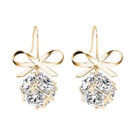 Womens Bow with Zircon Square Flash Diamond Ball Hook Earrings Fashion Earrings (Color: Gold)