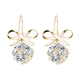 Womens Bow with Zircon Square Flash Diamond Ball Hook Earrings Fashion Earrings (Color: Gold)