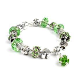 Snake Chain Bracelet Silver-Toned Glass Crystal Beads Crown Beads Heart Charm Bracelet Fashion Jewelry (Color: Green)