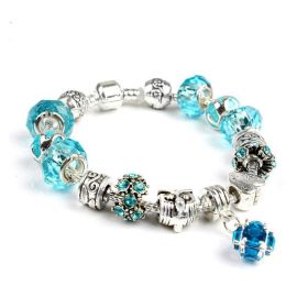 Snake Chain Bracelet Silver-Toned Glass Crystal Beads Crown Beads Heart Charm Bracelet Fashion Jewelry (Color: Blue)