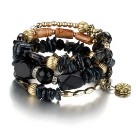 Women Boho Multilayer Irregular Crystal Beads Charm Bracelets Vintage Jade Stone Bracelets Yoga Bangles Ethnic Jewelry (Color: Black)