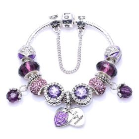 Silver Rhinestone Charm Bracelet New European Antique Handmade Charms Bracelet for Women Fashion Jewelry (Color: purple)