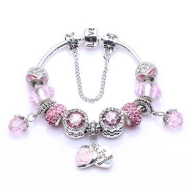 Silver Rhinestone Charm Bracelet New European Antique Handmade Charms Bracelet for Women Fashion Jewelry (Color: Pink)