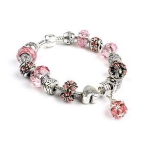 Snake Chain Bracelet Silver-Toned Glass Crystal Beads Crown Beads Heart Charm Bracelet Fashion Jewelry (Color: Pink)