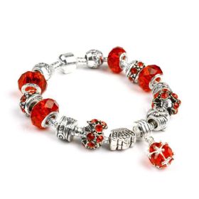 Snake Chain Bracelet Silver-Toned Glass Crystal Beads Crown Beads Heart Charm Bracelet Fashion Jewelry (Color: Red)