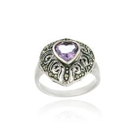 Sterling Silver Marcasite and Amethyst Filigree Heart Ring (SKU: R11275A-7)