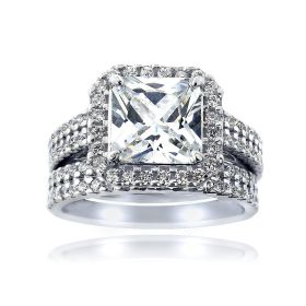 Sterling Silver CZ Square & CZ Half-Eternity Band Ring Set (SKU: R13727-6)