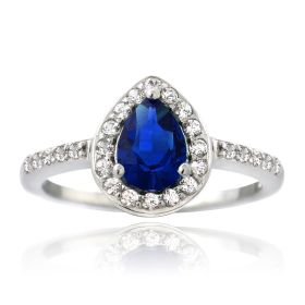Sterling Silver Created Blue & White Sapphire Teardrop Ring (SKU: R13658B2-8)