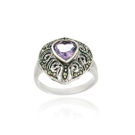 Sterling Silver Marcasite and Amethyst Filigree Heart Ring (SKU: R11275A8)