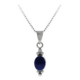 Sterling Silver Bali Bead Genuine Lapis Stone Oval Pendant (SKU: P8406LP)