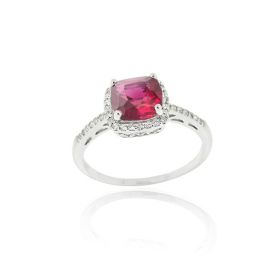 Sterling Silver 2ct Created Ruby & CZ Cushion-Cut Ring (SKU: R12022LRU-6)