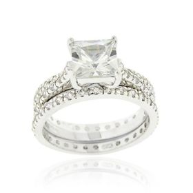 Sterling Silver Square CZ Wedding Engagement Ring Set (SKU: R11869-6)