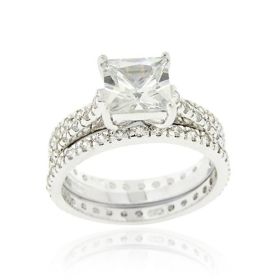 Sterling Silver Square CZ Wedding Engagement Ring Set (SKU: R11869-9)
