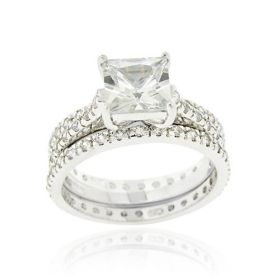 Sterling Silver Square CZ Wedding Engagement Ring Set (SKU: R11869-9)