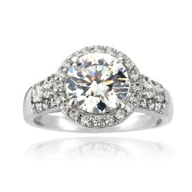 Sterling Silver CZ Round Halo & Three Row Band Ring (SKU: R13720-6)