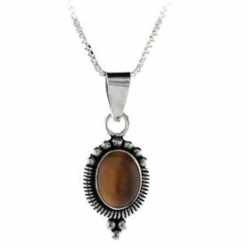 Sterling Silver Bali Bead Genuine Tiger Eye Stone Oval Pendant (SKU: P8024TE)