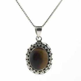 Sterling Silver Bali Bead Genuine Tiger Eye Stone Oval Pendant (SKU: P8423TE)