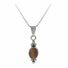 Sterling Silver Bali Bead Genuine Tiger Eye Stone Oval Pendant (SKU: P8406TE)