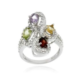 Sterling Silver Multi Gemstone Diamond Accent Cocktail Rings (SKU: R11362M-10)