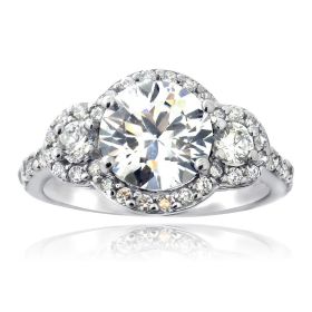 Sterling Silver CZ Three Stone Round Halo Ring (SKU: R13721-7)